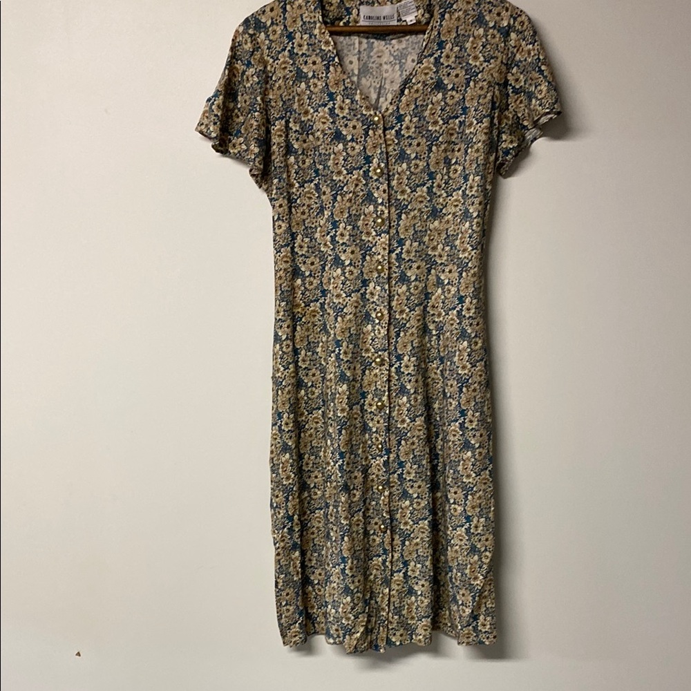 CAROLINE WELLS Vintage Blue & Flutter Sleeve V-Neck Midi Sundress Floral
